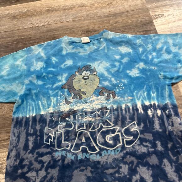 Vintage Six Flags Blue Mens XL‎ Tye Dye Taz Mania Looney Tunes T-shirt 90s - Picture 3 of 8